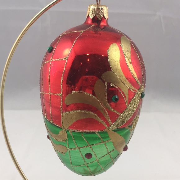 VINTAGE ARTISAN HANDCRAFTED RED EGG SHAPED CHRISTMAS ORNAMENT UPCYCLED - Picture 3 of 8